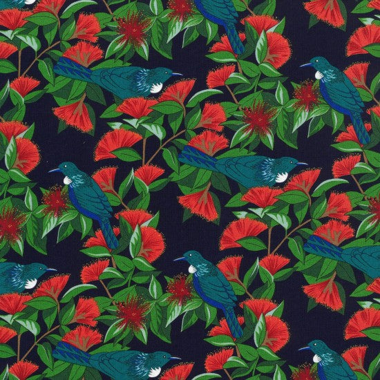 Kiwiana Tui & Pohutukawa Fabric Navy